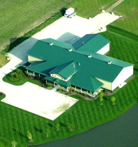 View from above of building and grass lawn