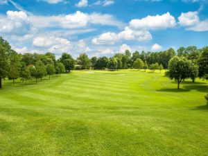 Sports Grass Turg - green golf field and blue cloudy sky